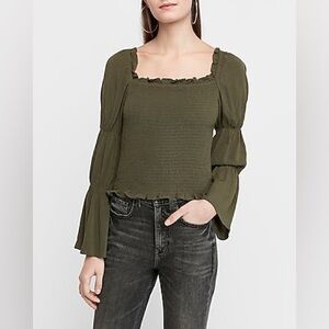 Express Smocked Square Neck Top Olive Green Size Small